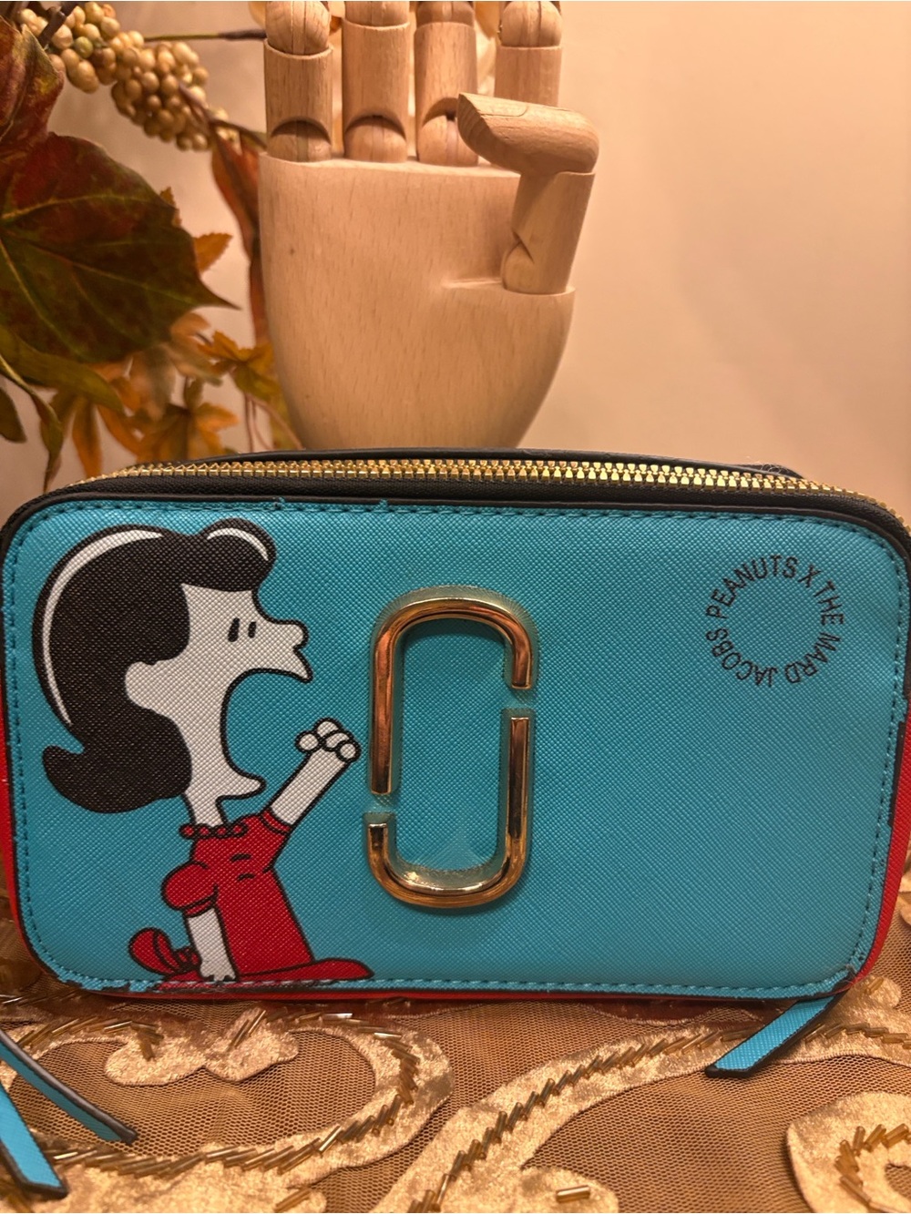 Marc Jacobs Turquoise Peanuts Double Zip Card Holder with Gold Hardware